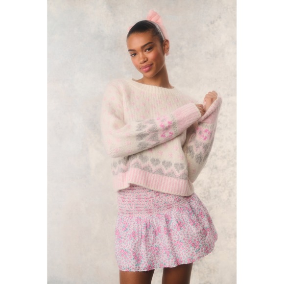 LoveShackFancy Rosie Alpaca Wool Fair Isle Puff Sleeve Sweater Cream Pink XS